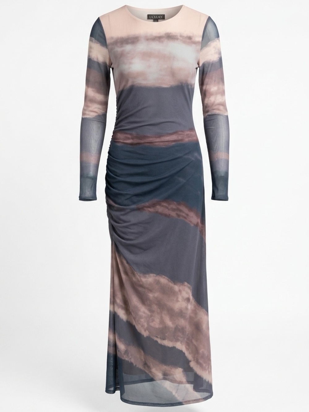 Ruched Mesh Maxi Dress in Tan & Slate Blue by LUXURY